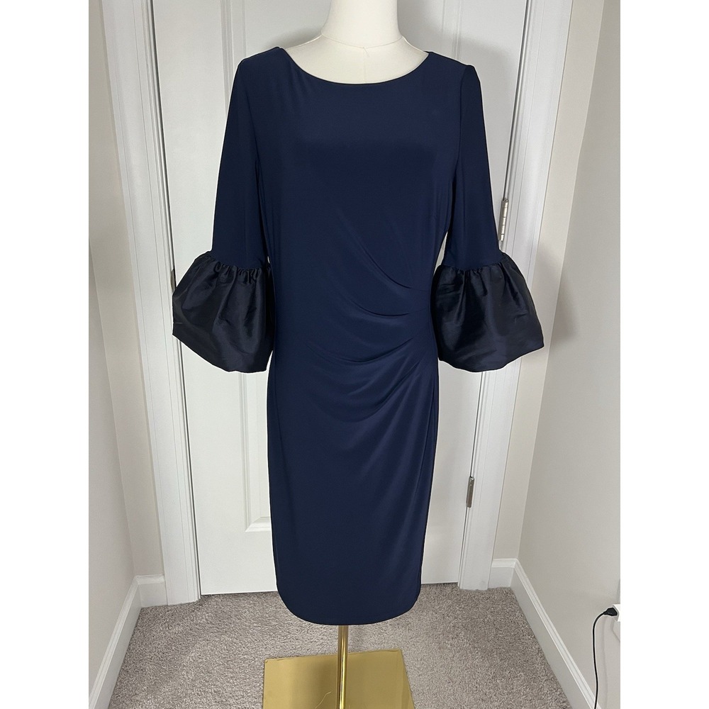 Women's Ralph Lauren Navy Blue Knee Length Dress Puffed Bell Cuff Sleeves Size 8